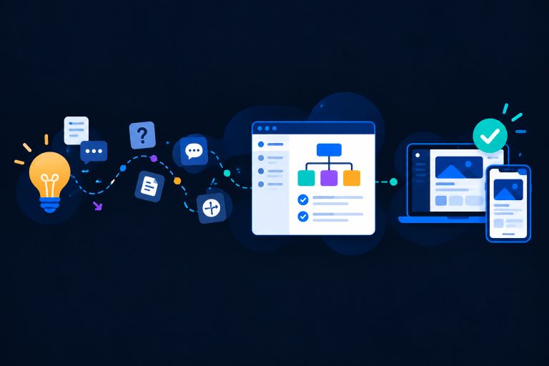 Illustration vectorielle sur fond bleu nuit représentant le passage d’une idée à un logiciel : une ampoule symbolise l’idée initiale, reliée par un parcours de réflexion et d’analyse à une interface de planification, puis à un ordinateur et un smartphone affichant le résultat final.