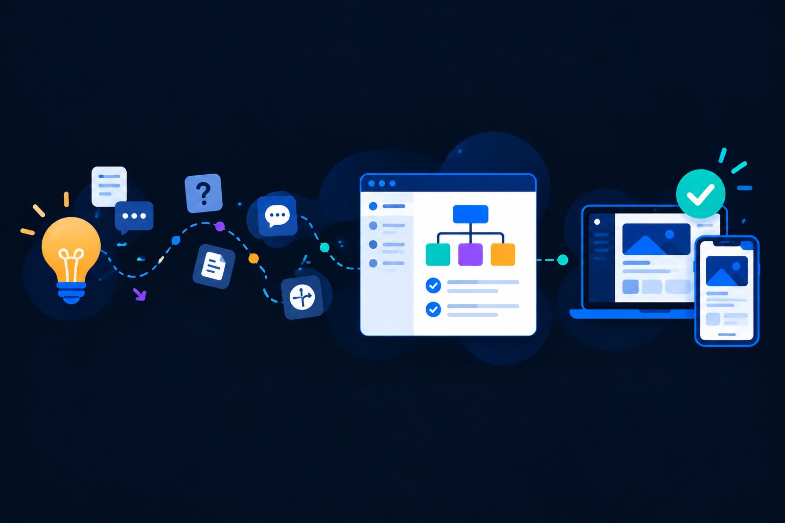 Illustration vectorielle sur fond bleu nuit représentant le passage d’une idée à un logiciel : une ampoule symbolise l’idée initiale, reliée par un parcours de réflexion et d’analyse à une interface de planification, puis à un ordinateur et un smartphone affichant le résultat final.